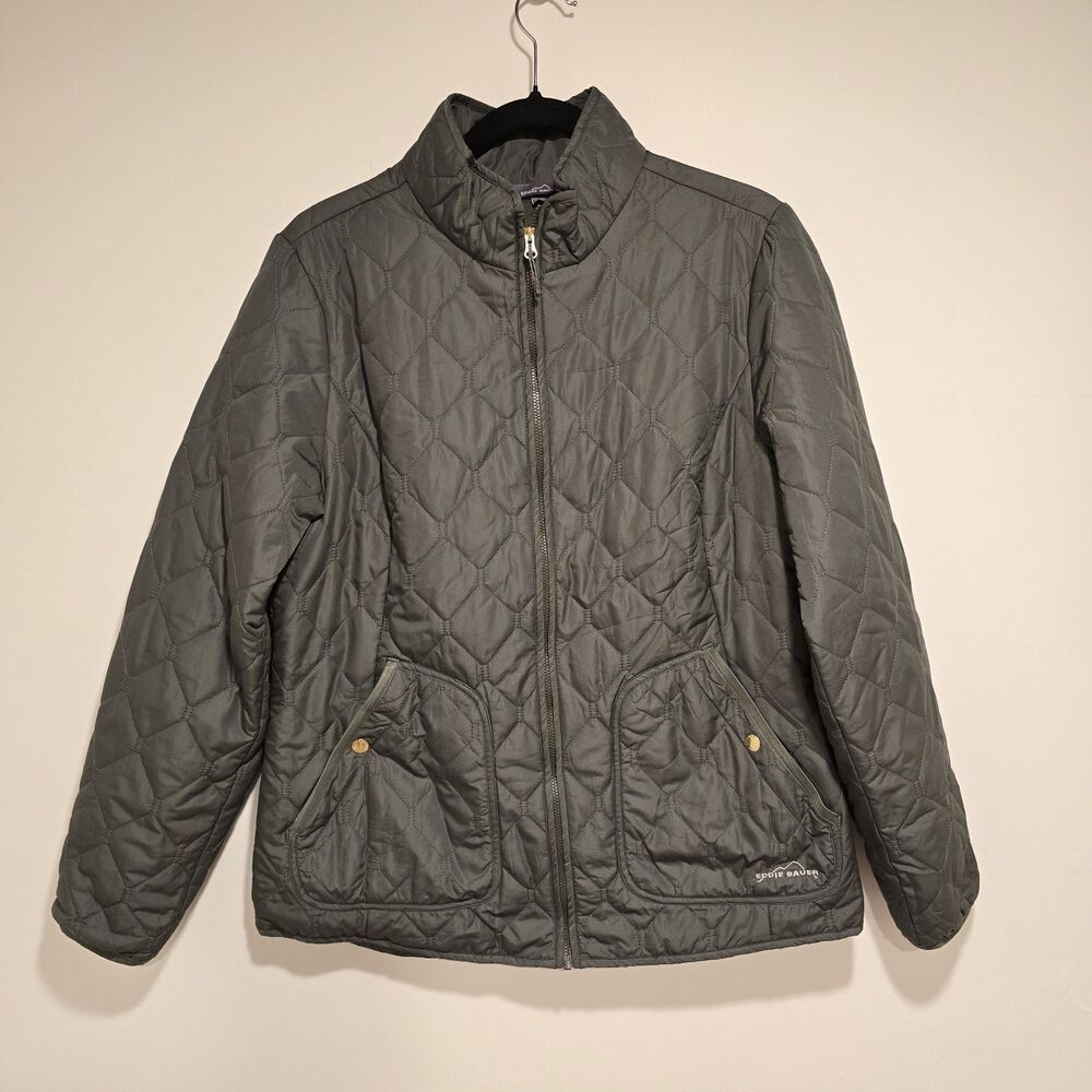Eddie Bauer Quilted Full Zip Jacket Coat Large Womens Green Lightweight Puffer